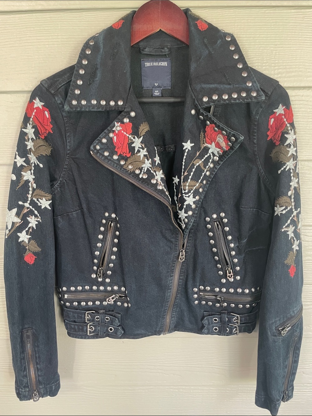 True Religion Black Studded Jacket with Red Rose Embroidery